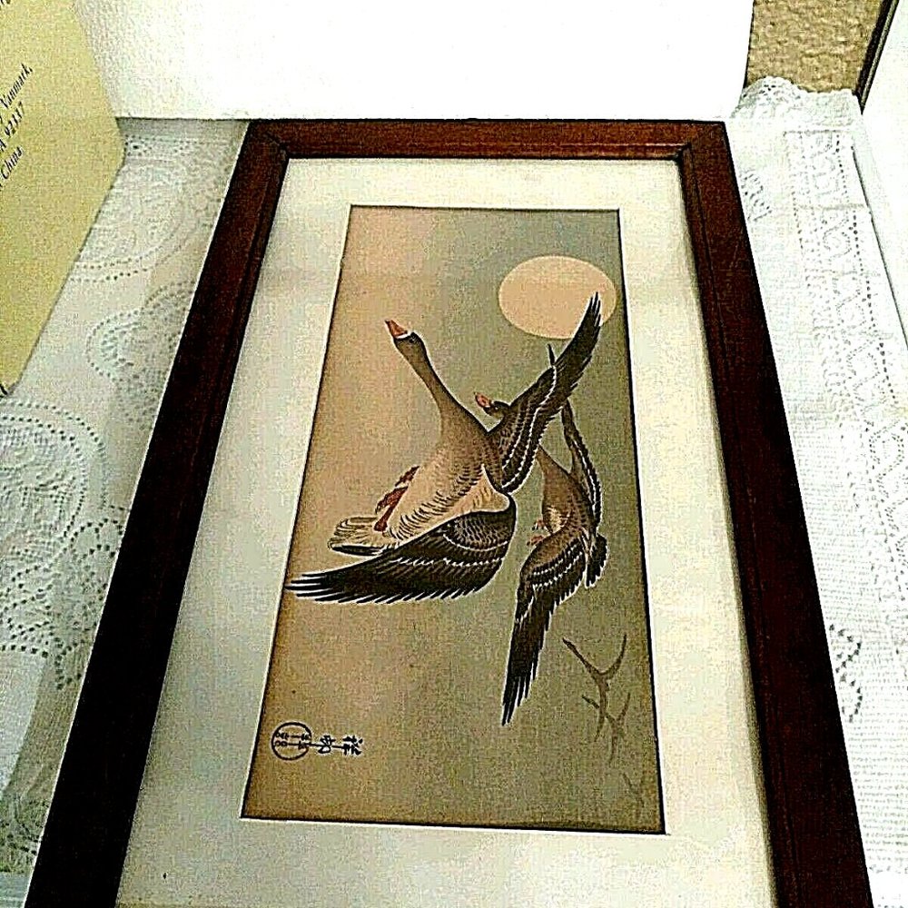 Japanese Ink Painting of Geese n Flight Antique Early 19TH Century Framed Signed - Picture 13 of 13